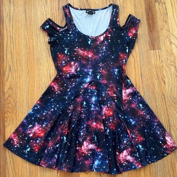 Hot Topic Dresses & Skirts - Hot Topic Galaxy Cold-Shoulder Dress - Navy, Pink, Blue